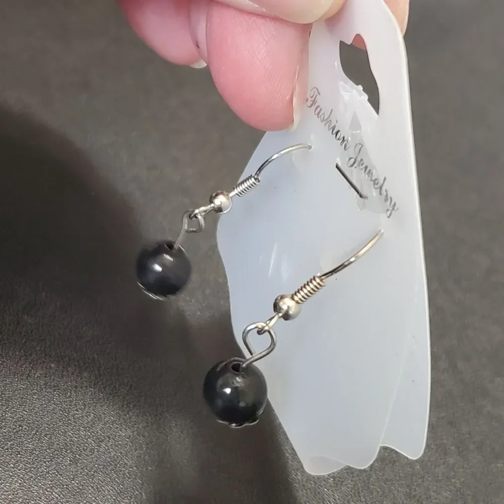 Silver tone black bead earrings